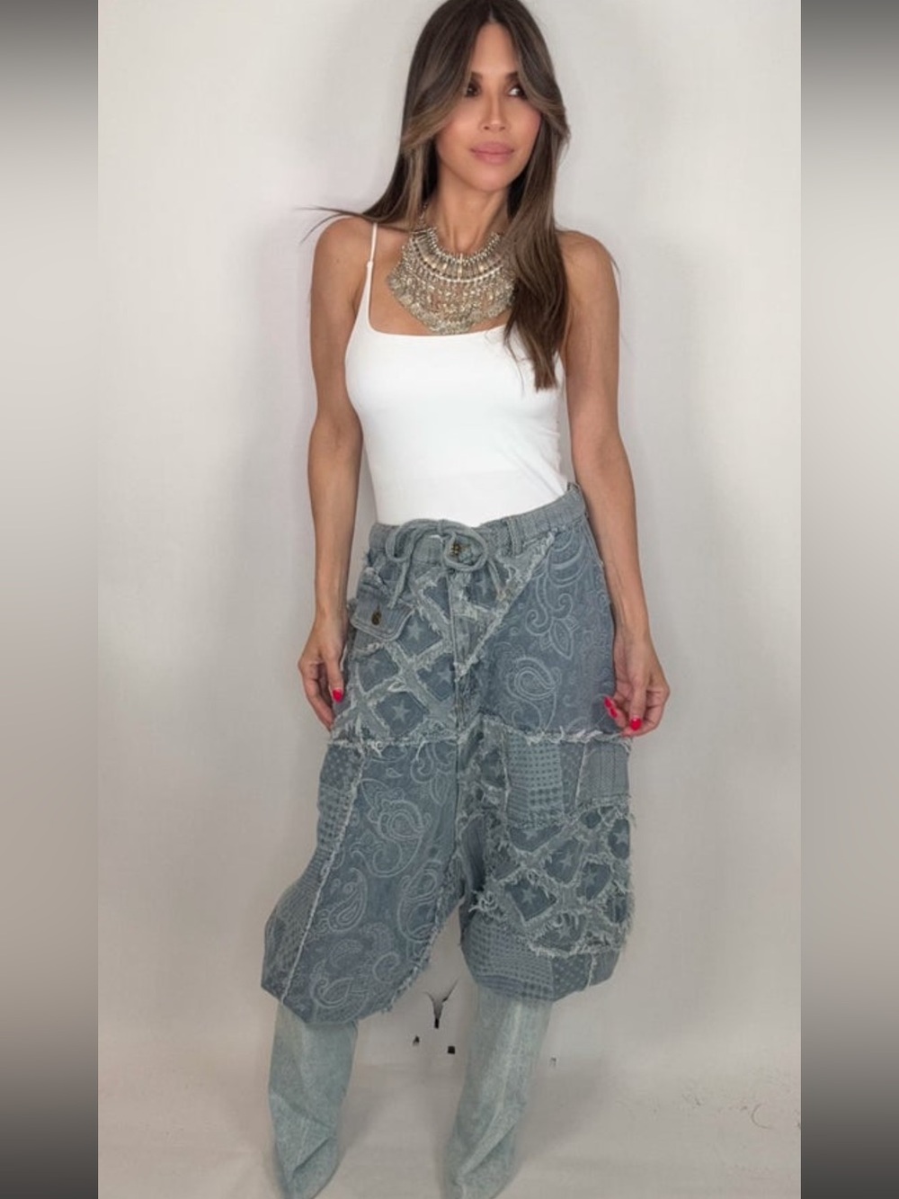 POL Boho Patchwork Cropped Pants in Light Blue